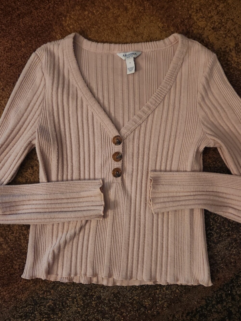 Arizona Jean Company Ribbed V-Neck Button Top - Light Blush Pink